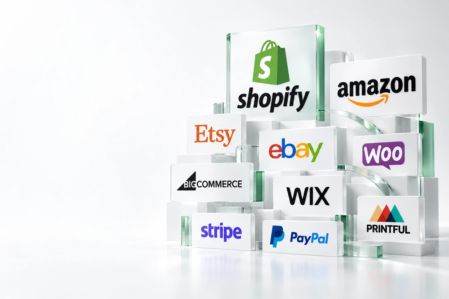 Custom glass-style composition of ecommerce, marketplace, payment and fulfillment platform logos